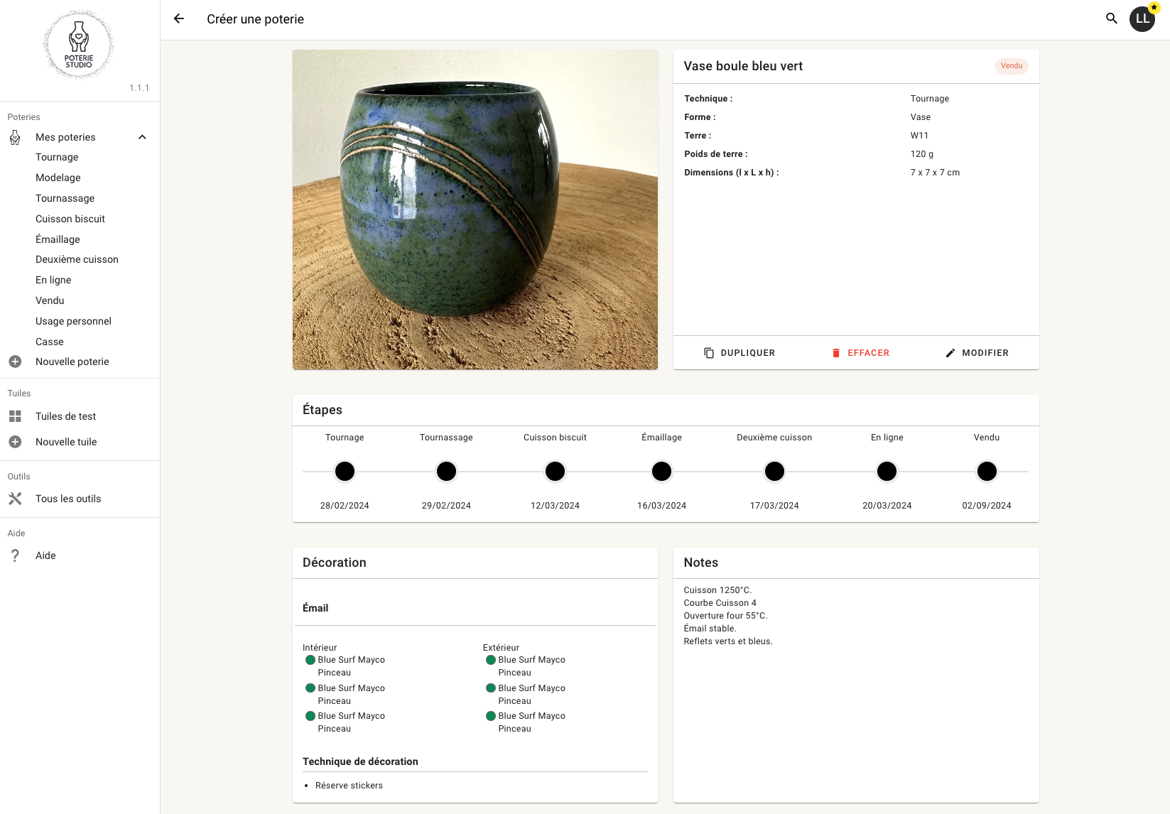 Fiche récap d'une poterie avec les informations principales. Poterie Studio